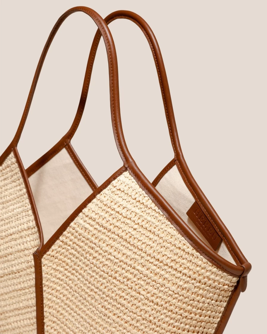 Hereu Studio Women's Calella Raffia Bag in Natural & Chestnut Colors