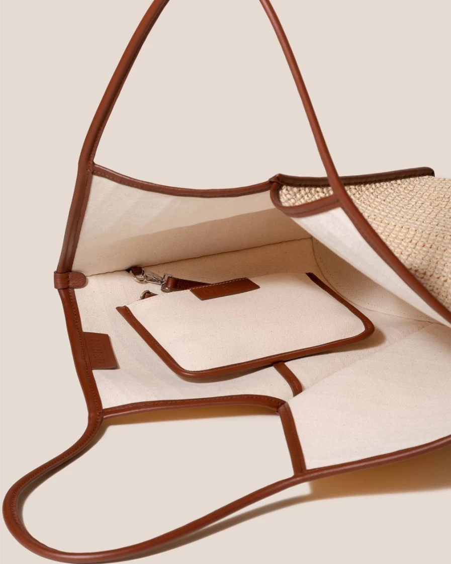 Hereu Studio Women's Calella Raffia Bag in Natural & Chestnut Colors